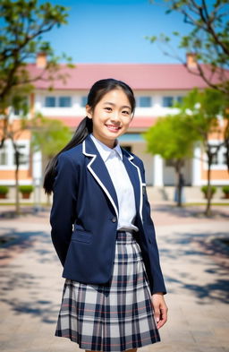 An Asian schoolgirl standing confidently in front of a traditional school building