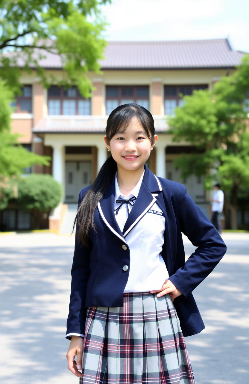 An Asian schoolgirl standing confidently in front of a traditional school building