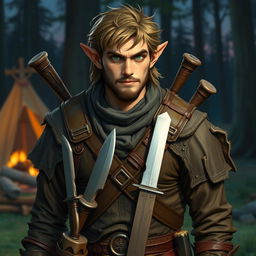 A tall male half-elf vagabond with striking green eyes, dressed as a bard