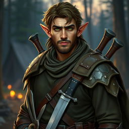 A tall male half-elf vagabond with striking green eyes, dressed as a bard