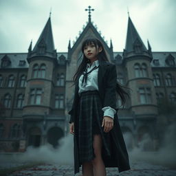 An Asian schoolgirl standing in front of an imposing, shadowy school building that exhibits a gothic architectural style