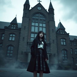 An Asian schoolgirl standing in front of an imposing, shadowy school building that exhibits a gothic architectural style