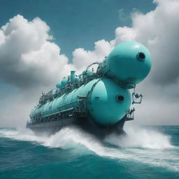 An imaginative gaspunk tanker, designed with swirling gas pipes, pneumatic tubes, and misty vapor clouds, navigating through a turquoise, foaming sea under a sky tinged with iridescent hues.