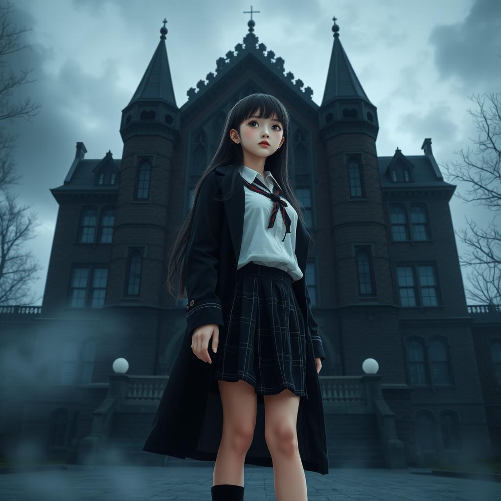 An Asian schoolgirl standing in front of an imposing, shadowy school building that exhibits a gothic architectural style