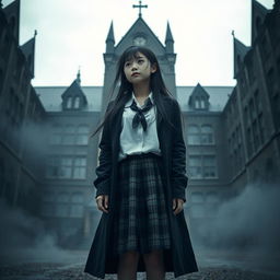 An Asian schoolgirl standing in front of an imposing, shadowy school building that exhibits a gothic architectural style