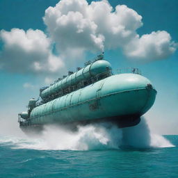 An imaginative gaspunk tanker, designed with swirling gas pipes, pneumatic tubes, and misty vapor clouds, navigating through a turquoise, foaming sea under a sky tinged with iridescent hues.