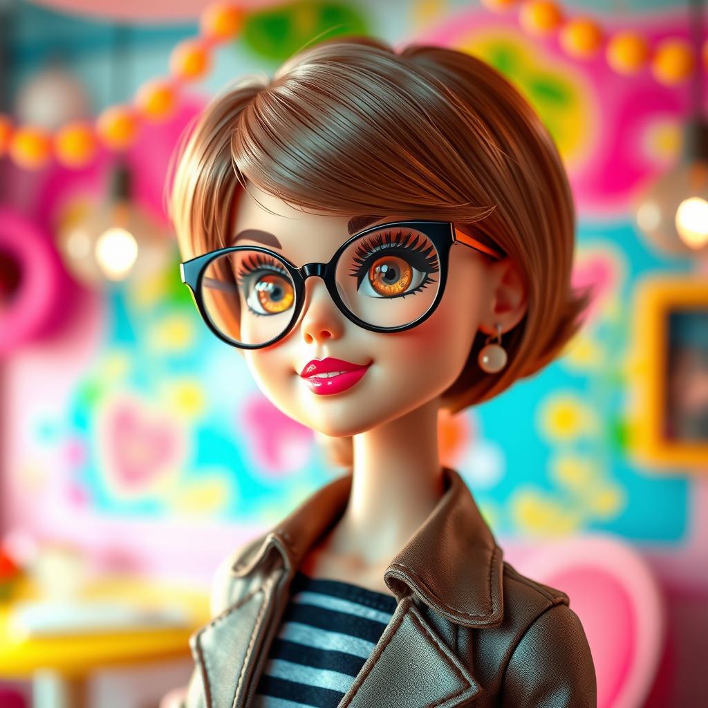 A stylish Barbie doll-inspired character with a cute face and short light brown hair