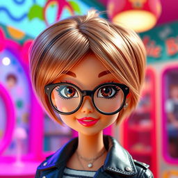 A stylish Barbie doll-inspired character with a cute face and short light brown hair