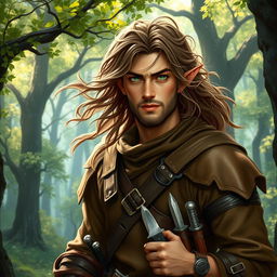 A tall male half-elf bard, characterized by striking green eyes, wears rugged leather armor