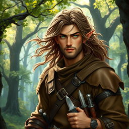 A tall male half-elf bard, characterized by striking green eyes, wears rugged leather armor