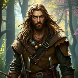 A tall male half-elf bard, characterized by striking green eyes, wears rugged leather armor