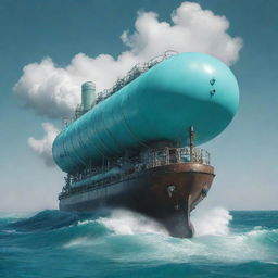 An imaginative gaspunk tanker, designed with swirling gas pipes, pneumatic tubes, and misty vapor clouds, navigating through a turquoise, foaming sea under a sky tinged with iridescent hues.