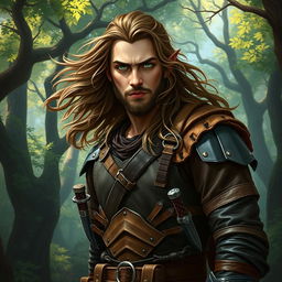 A tall male half-elf bard, characterized by striking green eyes, wears rugged leather armor