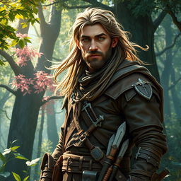 A tall male half-elf bard, characterized by striking green eyes, wears rugged leather armor