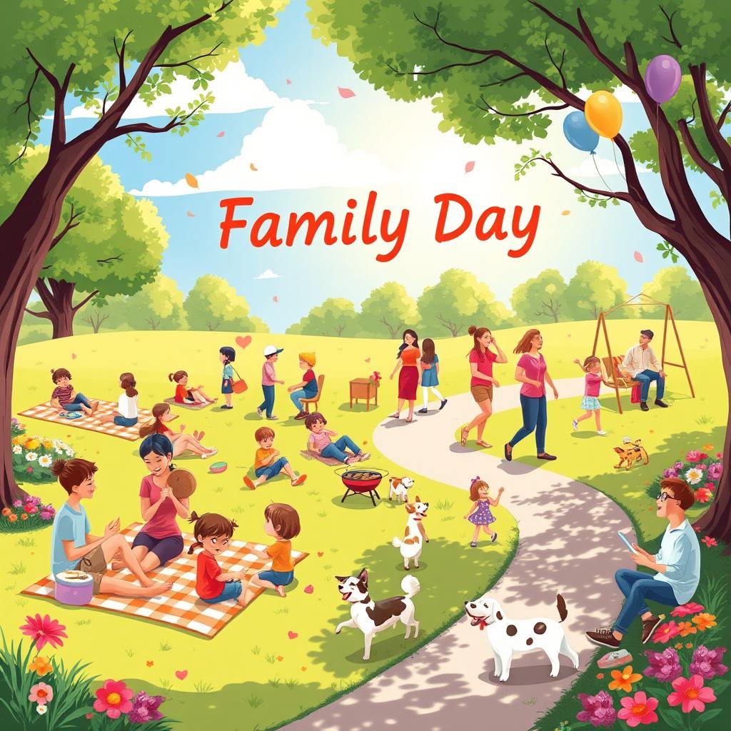 A vibrant and joyful illustration titled "Family Day" capturing the essence of a fun-filled family gathering