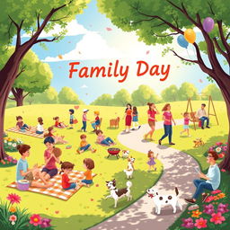 A vibrant and joyful illustration titled "Family Day" capturing the essence of a fun-filled family gathering