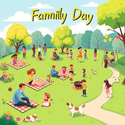 A vibrant and joyful illustration titled "Family Day" capturing the essence of a fun-filled family gathering