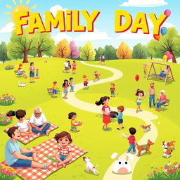 A vibrant and joyful illustration titled "Family Day" capturing the essence of a fun-filled family gathering