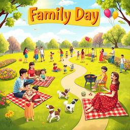 A vibrant and joyful illustration titled "Family Day" capturing the essence of a fun-filled family gathering