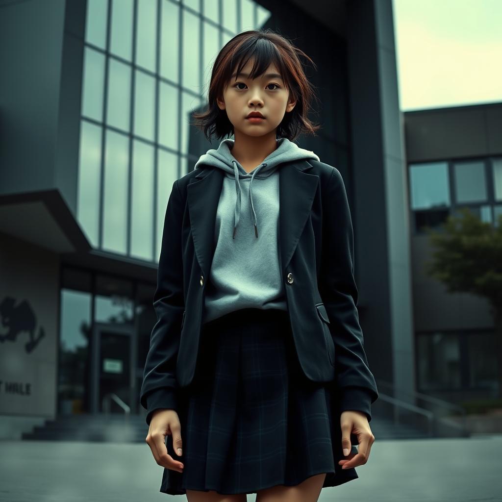 An Asian schoolgirl standing in front of a sleek, modern school building that has large glass windows and angular architecture, embodying a dark and mysterious vibe