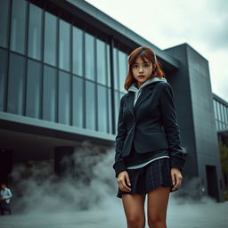 An Asian schoolgirl standing in front of a sleek, modern school building that has large glass windows and angular architecture, embodying a dark and mysterious vibe