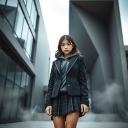 An Asian schoolgirl standing in front of a sleek, modern school building that has large glass windows and angular architecture, embodying a dark and mysterious vibe