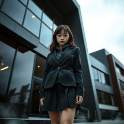 An Asian schoolgirl standing in front of a sleek, modern school building that has large glass windows and angular architecture, embodying a dark and mysterious vibe