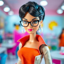 A stylish Barbie doll with short dark brown hair, wearing reading glasses