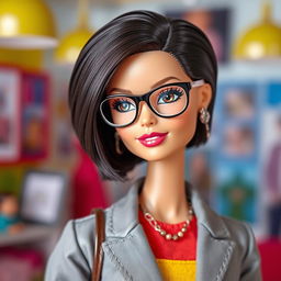 A stylish Barbie doll with short dark brown hair, wearing reading glasses