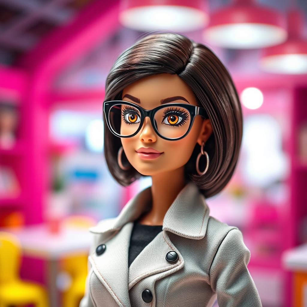 A stylish Barbie doll with short dark brown hair, wearing reading glasses