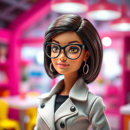 A stylish Barbie doll with short dark brown hair, wearing reading glasses