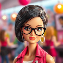 A stylish Barbie doll with short dark brown hair, wearing reading glasses