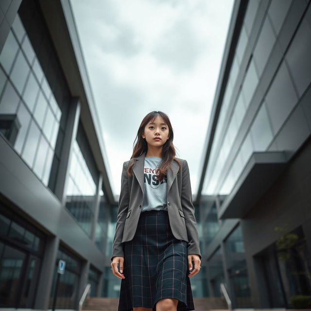 An Asian schoolgirl standing in front of a contemporary school building characterized by sleek lines and glass façades, giving it a futuristic yet somewhat dark appearance