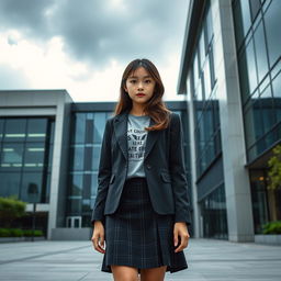 An Asian schoolgirl standing in front of a contemporary school building characterized by sleek lines and glass façades, giving it a futuristic yet somewhat dark appearance