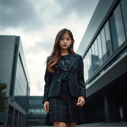 An Asian schoolgirl standing in front of a contemporary school building characterized by sleek lines and glass façades, giving it a futuristic yet somewhat dark appearance