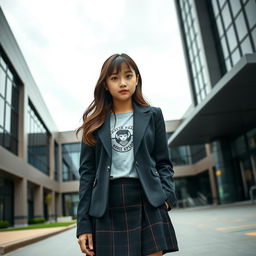 An Asian schoolgirl standing in front of a contemporary school building characterized by sleek lines and glass façades, giving it a futuristic yet somewhat dark appearance