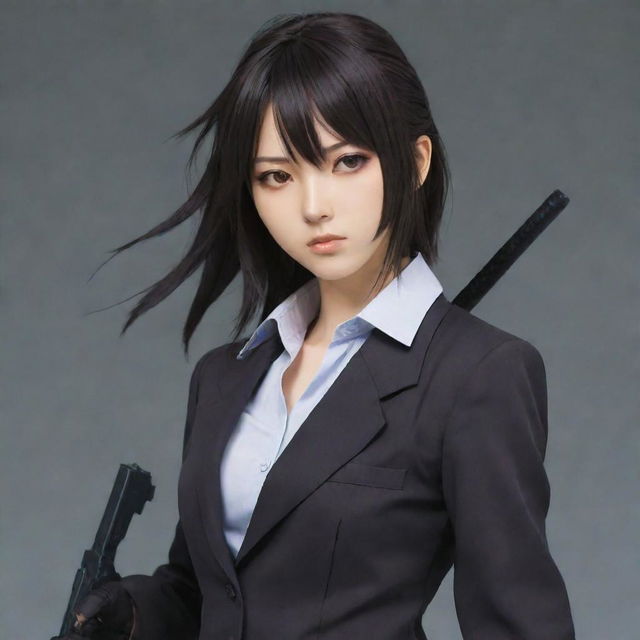 An anime-styled girl character, distinctively Japanese, skilled in assassination. She's donned in stealthy attire sporting concealed weapons, her eyes carrying an intense and deadly determination.