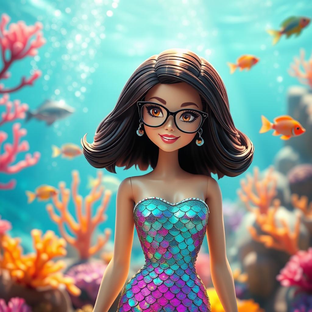 A stylish Barbie mermaid character with short dark brown hair, wearing reading glasses and having beautiful brown eyes