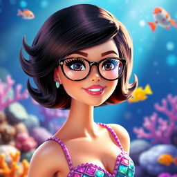 A stylish Barbie mermaid character with short dark brown hair, wearing reading glasses and having beautiful brown eyes