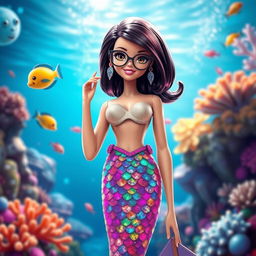 A stylish Barbie mermaid character with short dark brown hair, wearing reading glasses and having beautiful brown eyes