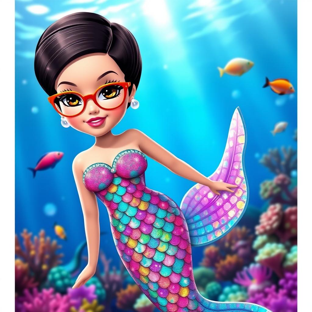 A stylish Barbie mermaid character with short dark brown hair, wearing reading glasses and having beautiful brown eyes