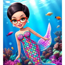 A stylish Barbie mermaid character with short dark brown hair, wearing reading glasses and having beautiful brown eyes