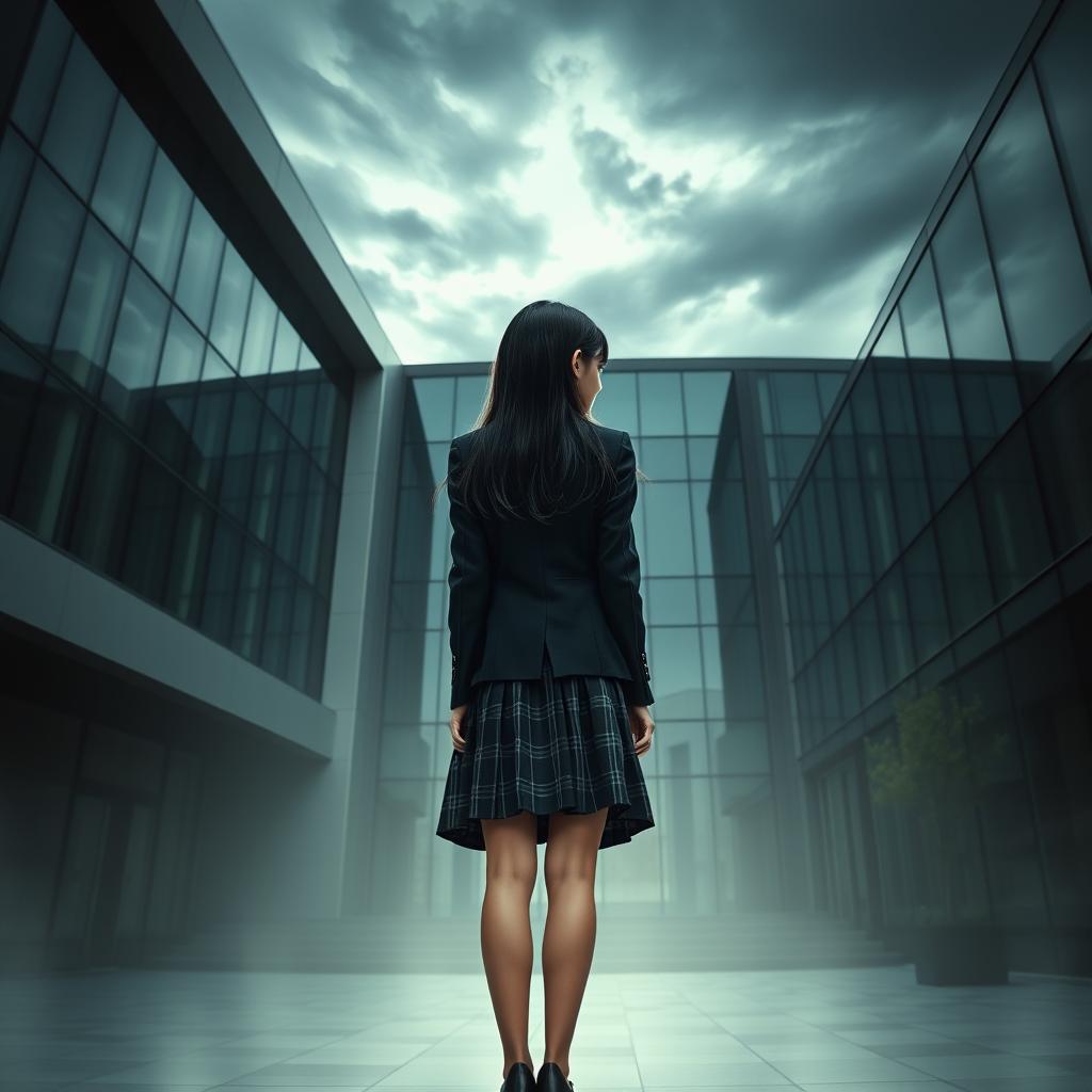 An Asian schoolgirl standing with her back facing towards the viewer in front of a modern school building that features sleek glass walls and sharp architectural angles, imparting a sense of modernity and mystery