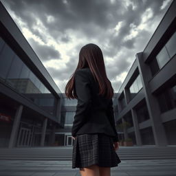 An Asian schoolgirl standing with her back facing towards the viewer in front of a modern school building that features sleek glass walls and sharp architectural angles, imparting a sense of modernity and mystery