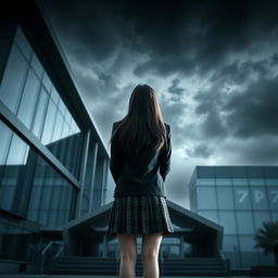 An Asian schoolgirl standing with her back facing towards the viewer in front of a modern school building that features sleek glass walls and sharp architectural angles, imparting a sense of modernity and mystery