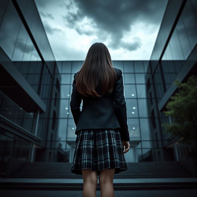 An Asian schoolgirl standing with her back facing towards the viewer in front of a modern school building that features sleek glass walls and sharp architectural angles, imparting a sense of modernity and mystery