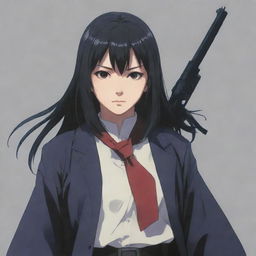 An anime-styled girl character, distinctively Japanese, skilled in assassination. She's donned in stealthy attire sporting concealed weapons, her eyes carrying an intense and deadly determination.