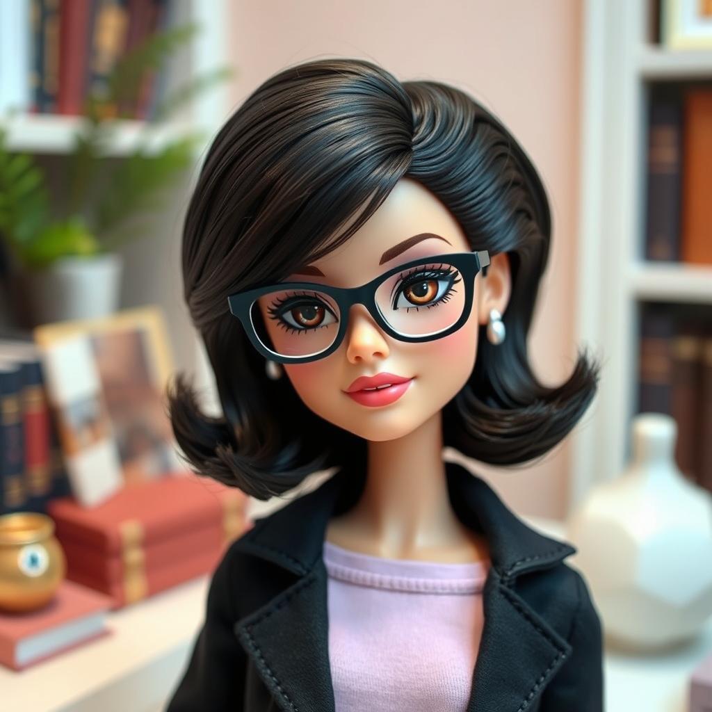 A Barbie doll named Ella, featuring short dark brown hair styled elegantly, wearing reading glasses perched on her nose