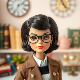 A Barbie doll named Ella, featuring short dark brown hair styled elegantly, wearing reading glasses perched on her nose