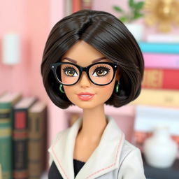 A Barbie doll named Ella, featuring short dark brown hair styled elegantly, wearing reading glasses perched on her nose